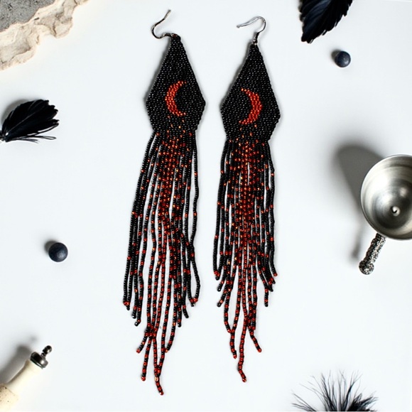 Hand Beaded Black/Red Extra Long Boho Crescent Moon Earrings - Picture 5 of 16